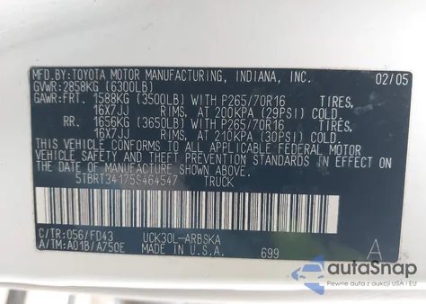 2005 Toyota Tundra Sr5 V8 из США, поврежденный, VIN 5TBRT34175S464547